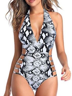 Snake-Print Halter One-Piece Swimsuit - Black & White